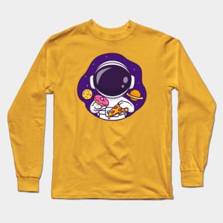 Cute Astronaut Eating Donut And Pizza In Space Cartoon Long Sleeve T-Shirt